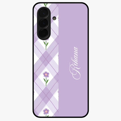 Purple Diamond Floral Glass Case showing flat back view with diamond shaped floral artwork and glossy glass finish.
