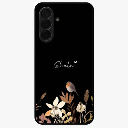 Quiet Garden Tune Custom Name Glass Case showing flat back view with peaceful garden artwork and personalized name design.