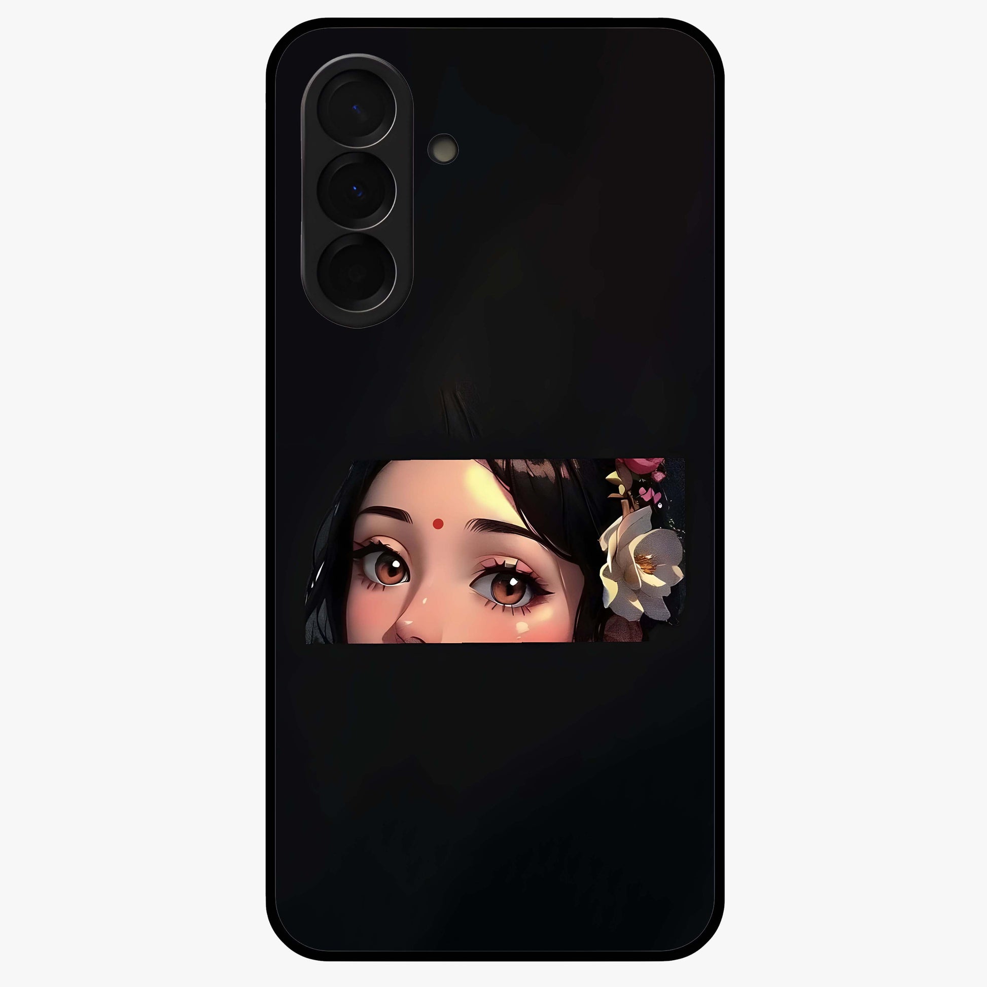 Radha Divine Embrace Glass Case showing flat back view with devotional Radha artwork and glossy glass finish.