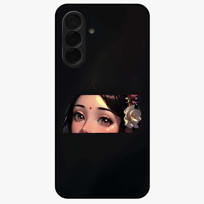 Radha Divine Embrace Glass Case showing flat back view with devotional Radha artwork and glossy glass finish.