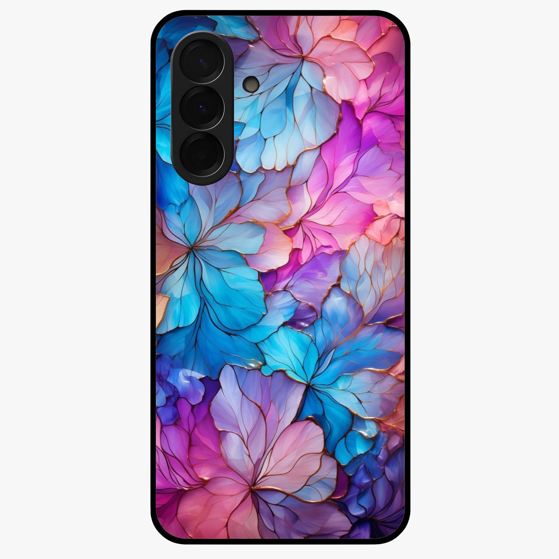 Radiant Floral Whirl Glass Case showing flat back view with swirling floral artwork and glossy glass finish.