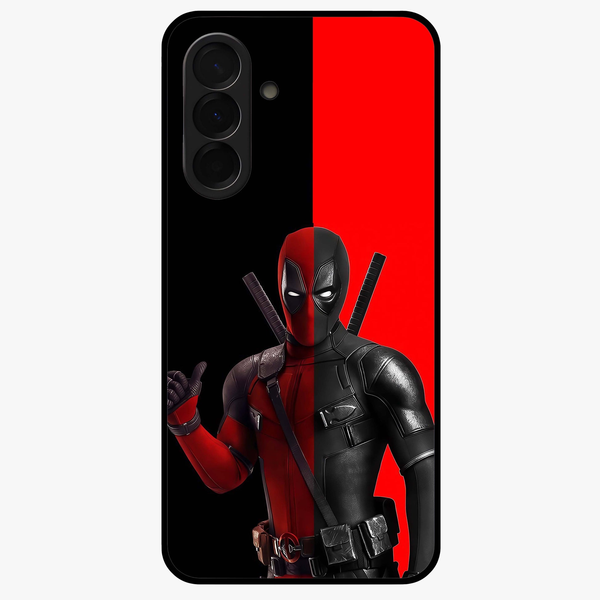 Red & Black Deadpool Theme Glass Case showing flat back view with bold comic inspired artwork and glossy glass finish.