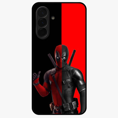Red & Black Deadpool Theme Glass Case showing flat back view with bold comic inspired artwork and glossy glass finish.