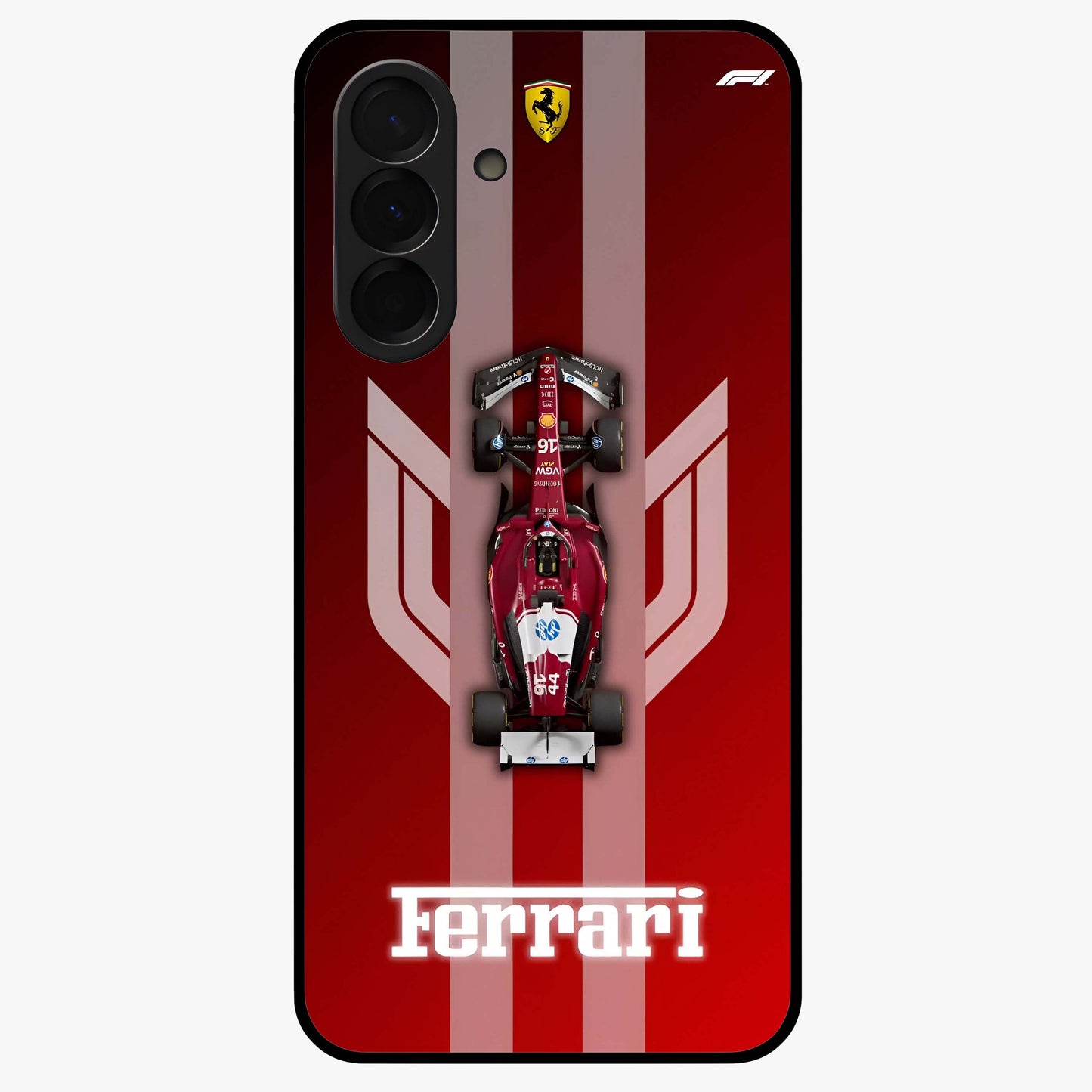 Red Ferrari F1 Vertical Glass Case showing flat back view with sleek Formula racing car artwork and glossy glass finish.