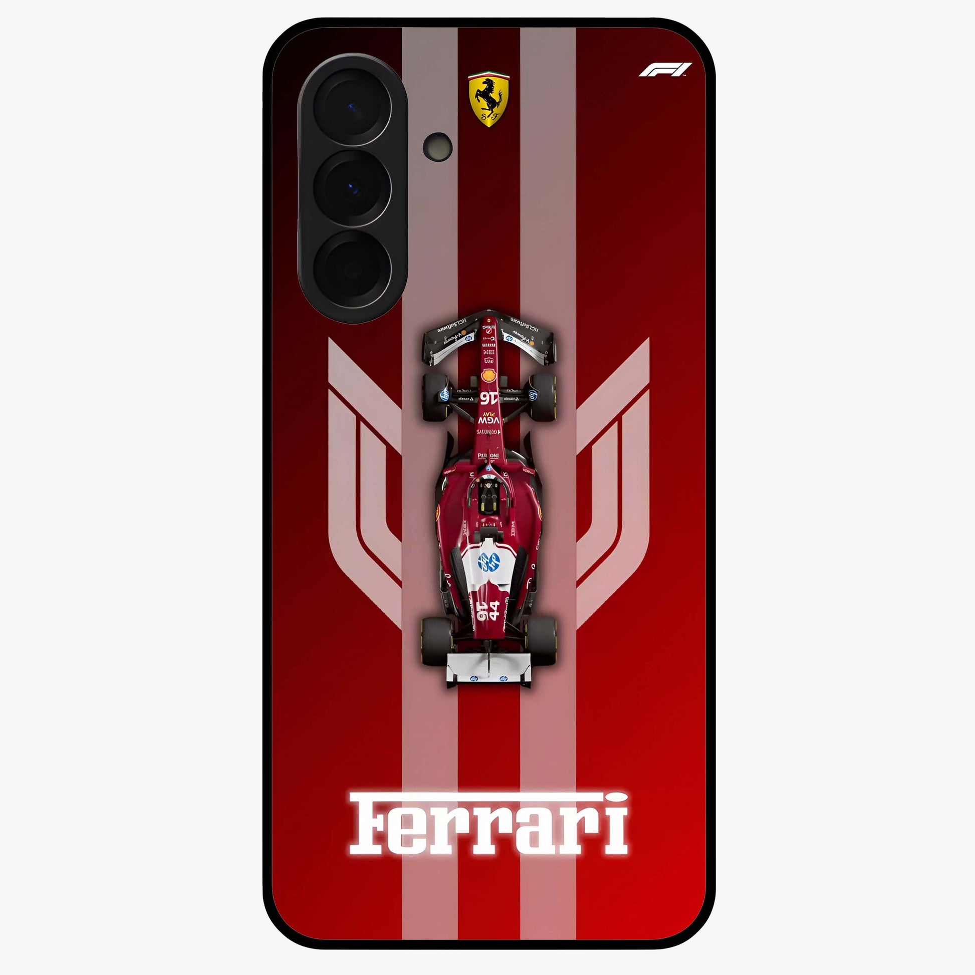 Red Ferrari F1 Vertical Glass Case showing flat back view with sleek Formula racing car artwork and glossy glass finish.