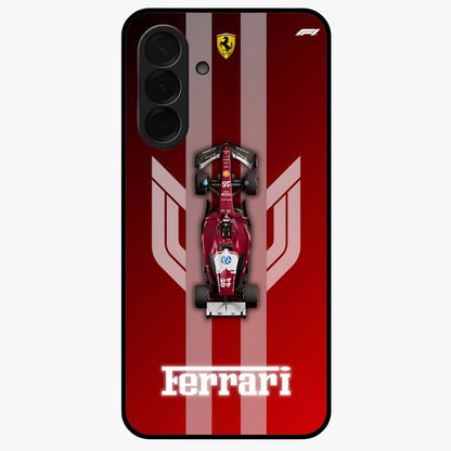 Red Ferrari F1 Vertical Glass Case showing flat back view with sleek Formula racing car artwork and glossy glass finish.