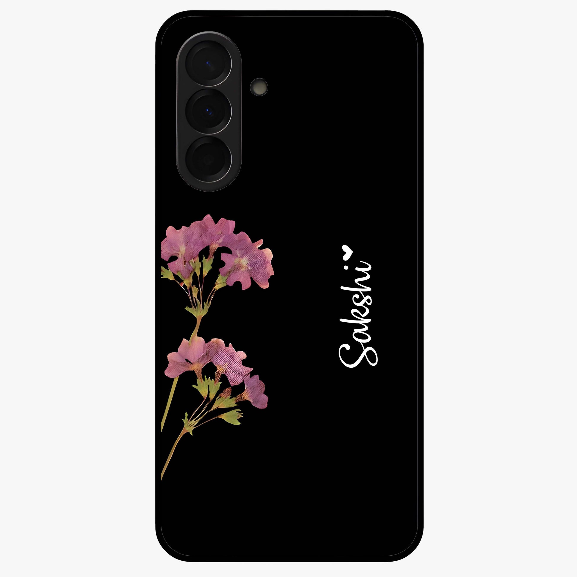 Riching Lavender Flower Custom Name Glass Case showing flat back view with lavender floral artwork and personalized name design.