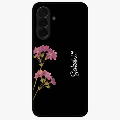 Riching Lavender Flower Custom Name Glass Case showing flat back view with lavender floral artwork and personalized name design.