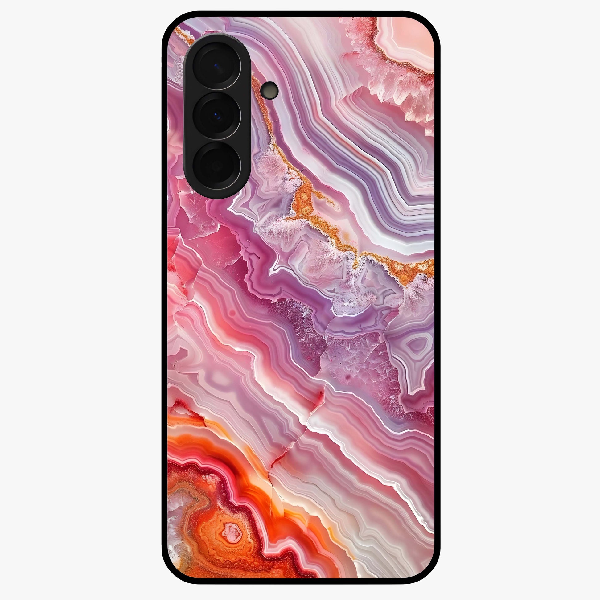 Rose Quartz Marble Glass Case showing flat back view with pink marble quartz texture artwork and glossy glass finish.
