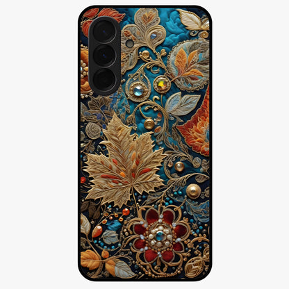 Royal Jewel Garden Glass Case showing flat back view with decorative floral garden artwork and glossy glass finish.