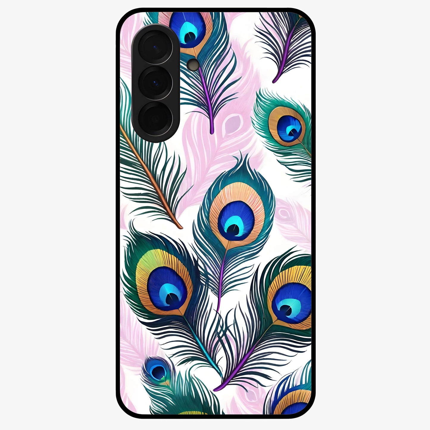 Royal Peacock Feathers Glass Case showing flat back view with colorful peacock feather artwork and glossy glass finish.