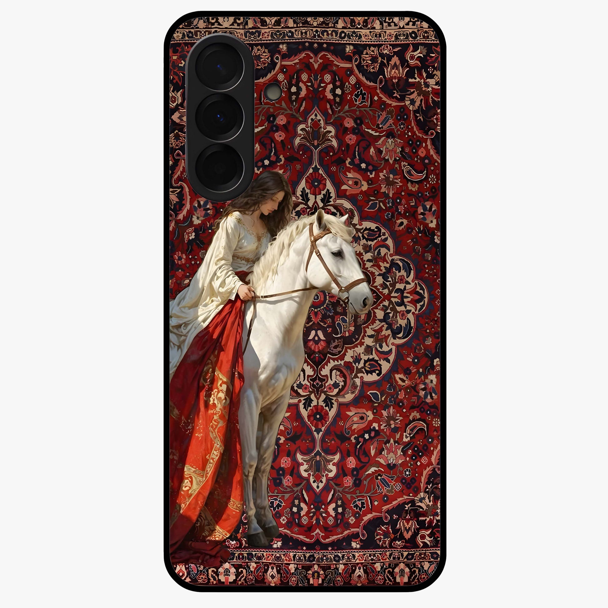 Royal Rider Tapestry Glass Case showing flat back view with majestic horse rider tapestry artwork and glossy glass finish.