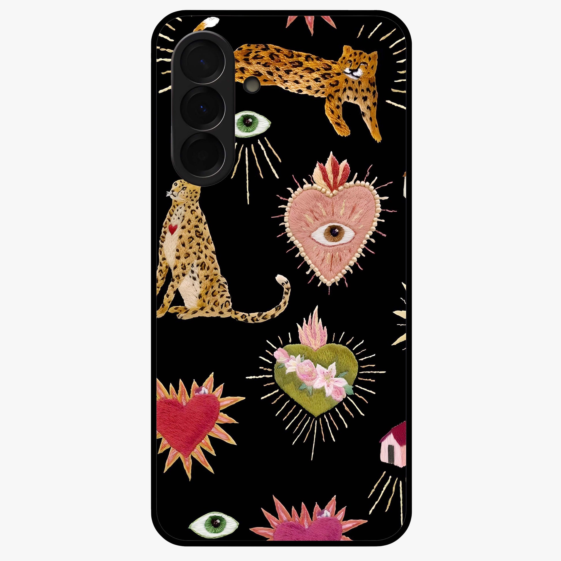 Sacred Jungle Heart Glass Case showing flat back view with jungle inspired heart artwork and glossy glass finish.