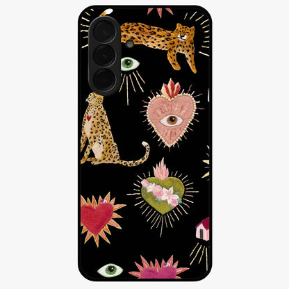 Sacred Jungle Heart Glass Case showing flat back view with jungle inspired heart artwork and glossy glass finish.