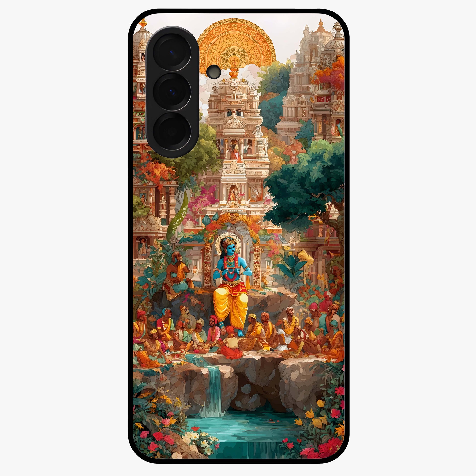 Sacred Sunlight Gods Glass Case showing flat back view with divine sunlight themed artwork and glossy glass finish.