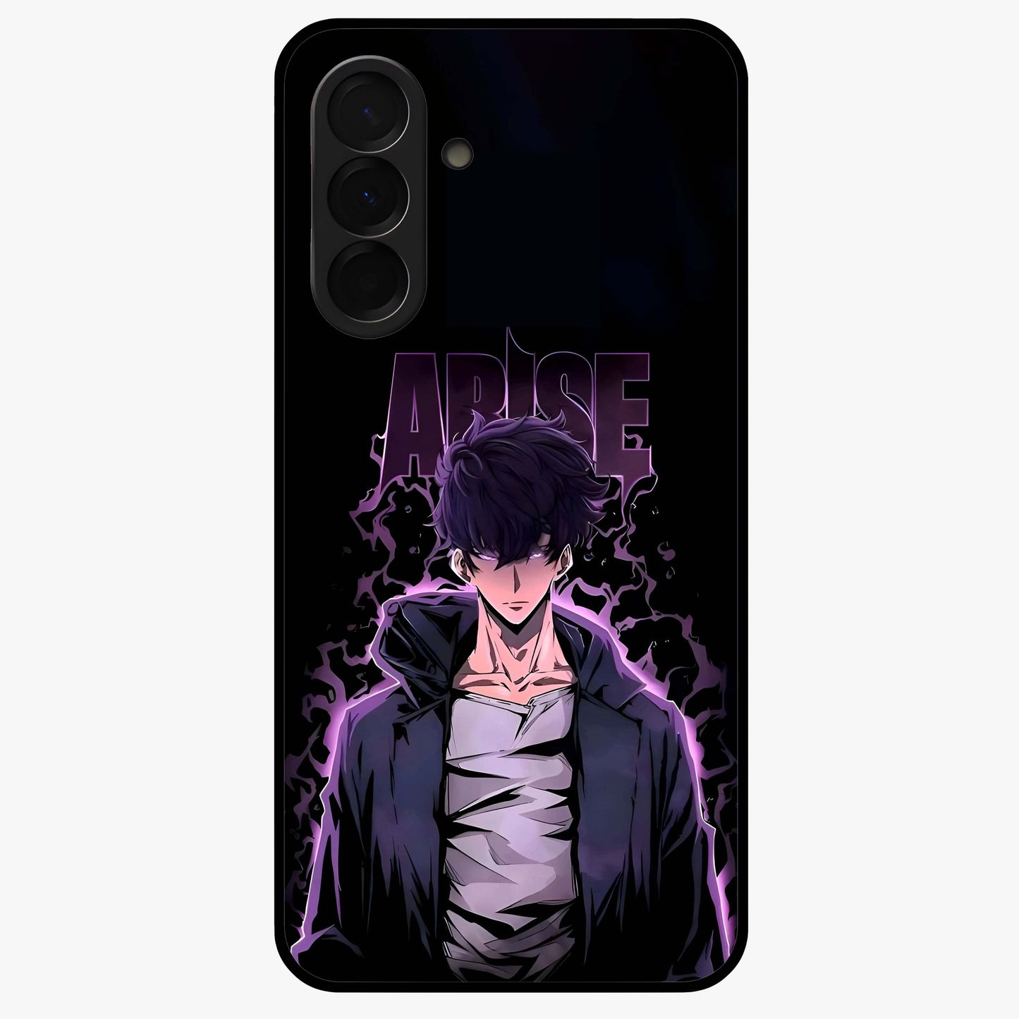Shadow Monarch Awakening Glass Case showing flat back view with powerful dark monarch themed artwork and glossy glass finish.
