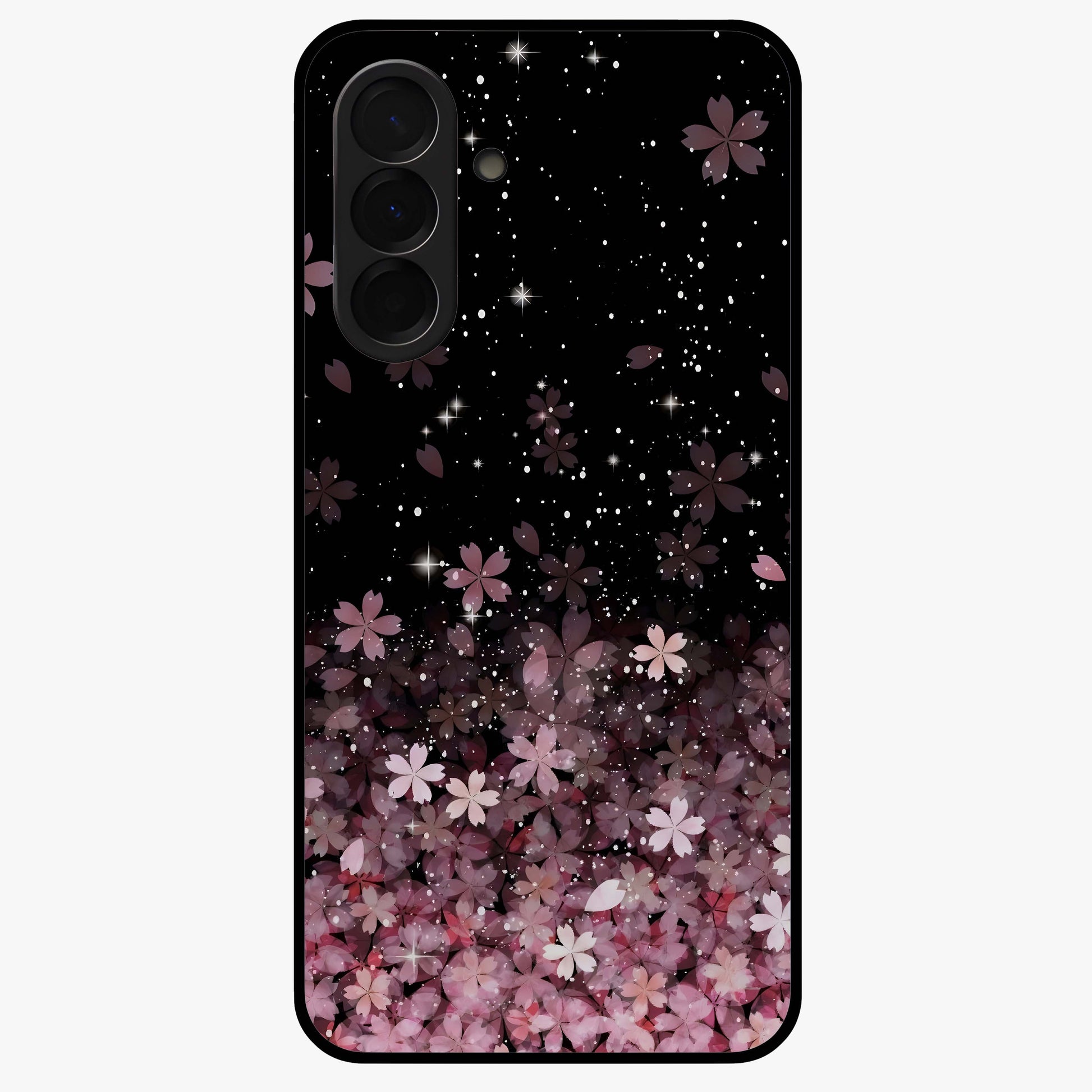 Small Starry Flowers Glass Case showing flat back view with delicate starry floral artwork and glossy glass finish.