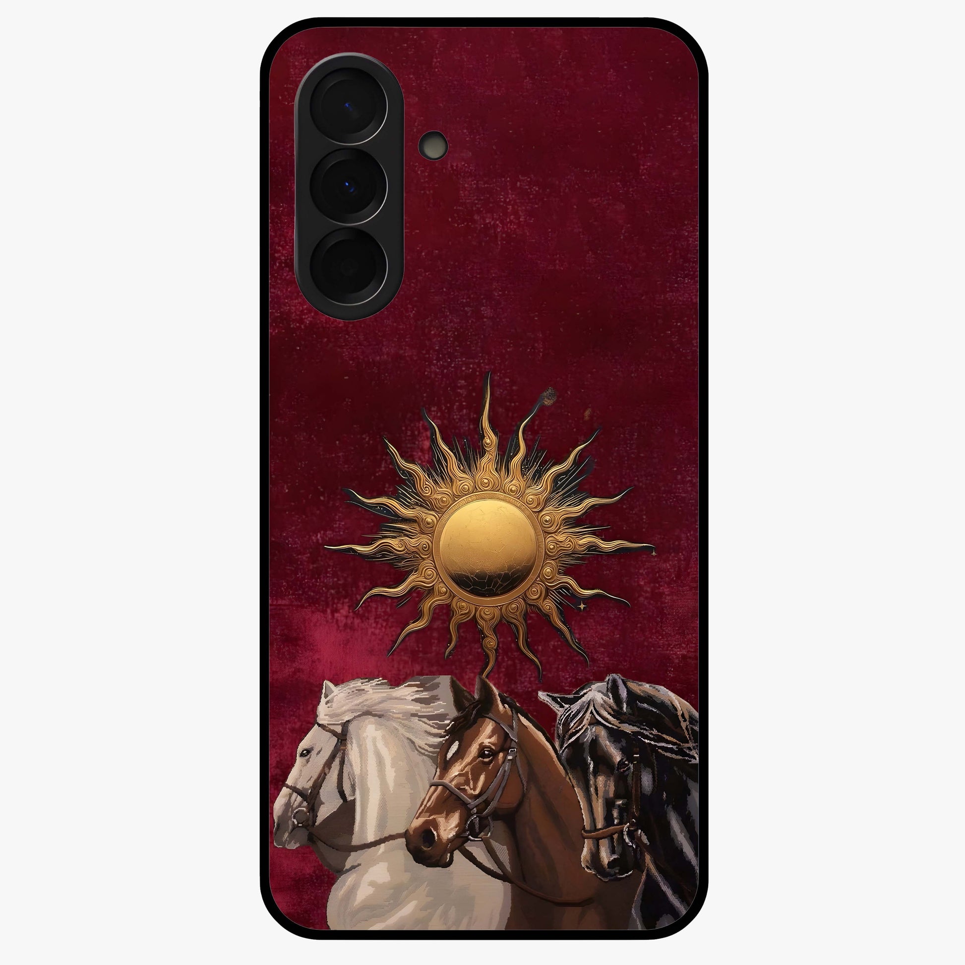 Solar Riders Glass Case showing flat back view with dynamic rider themed artwork and glossy glass finish.