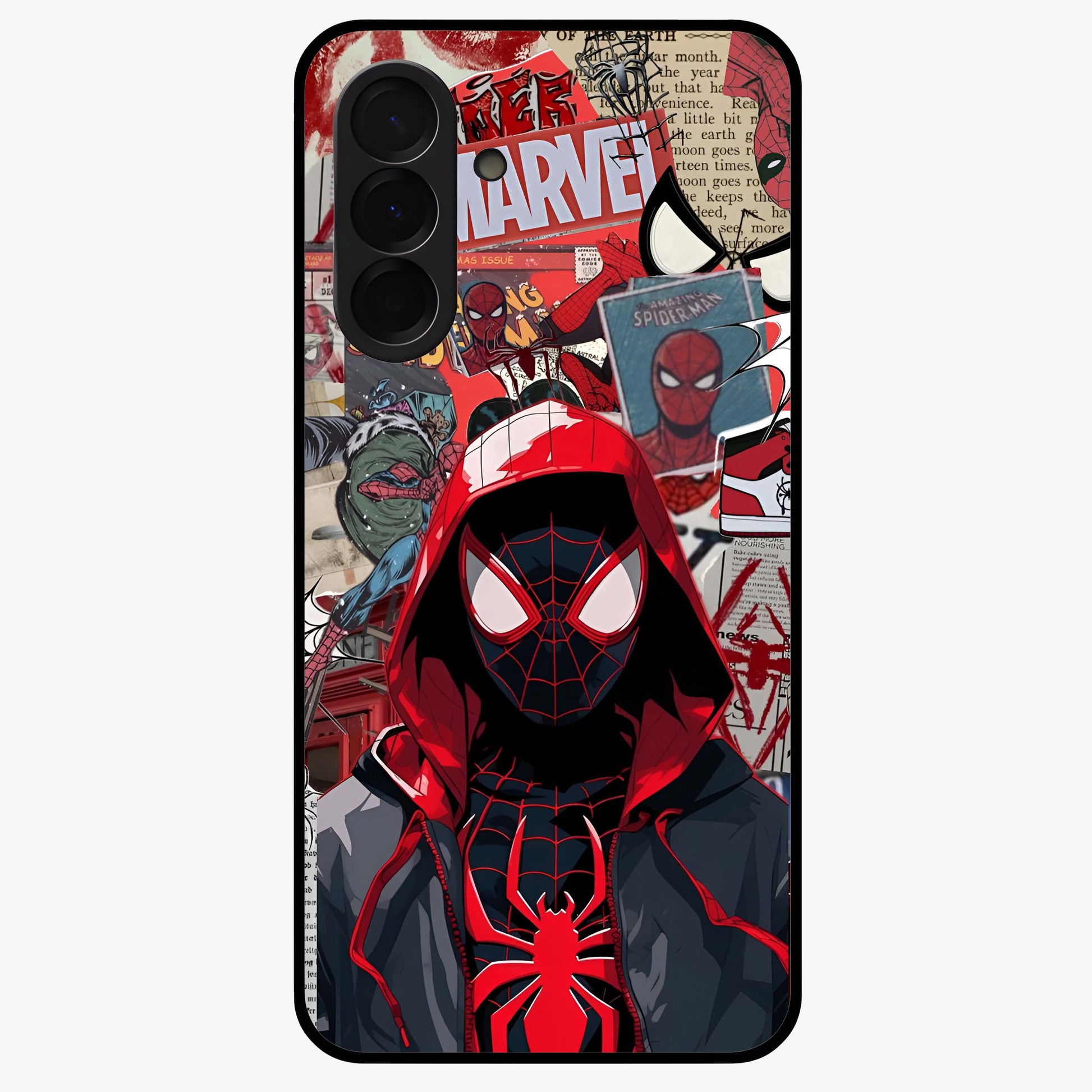 Spider Collage Street Glass Case showing flat back view with vibrant superhero collage artwork and glossy glass finish.