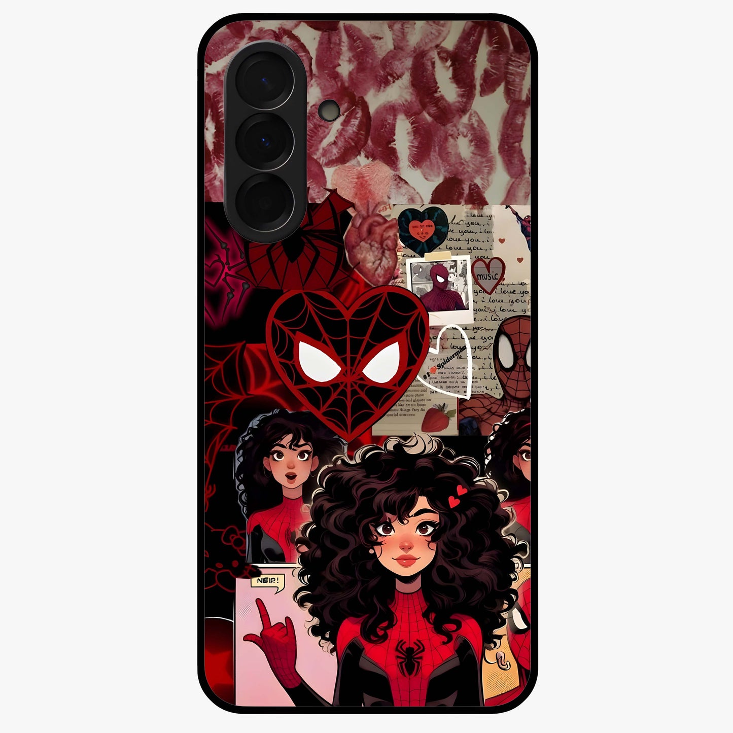 Spider Love Story Glass Case showing flat back view with romantic superhero themed artwork and glossy glass finish.