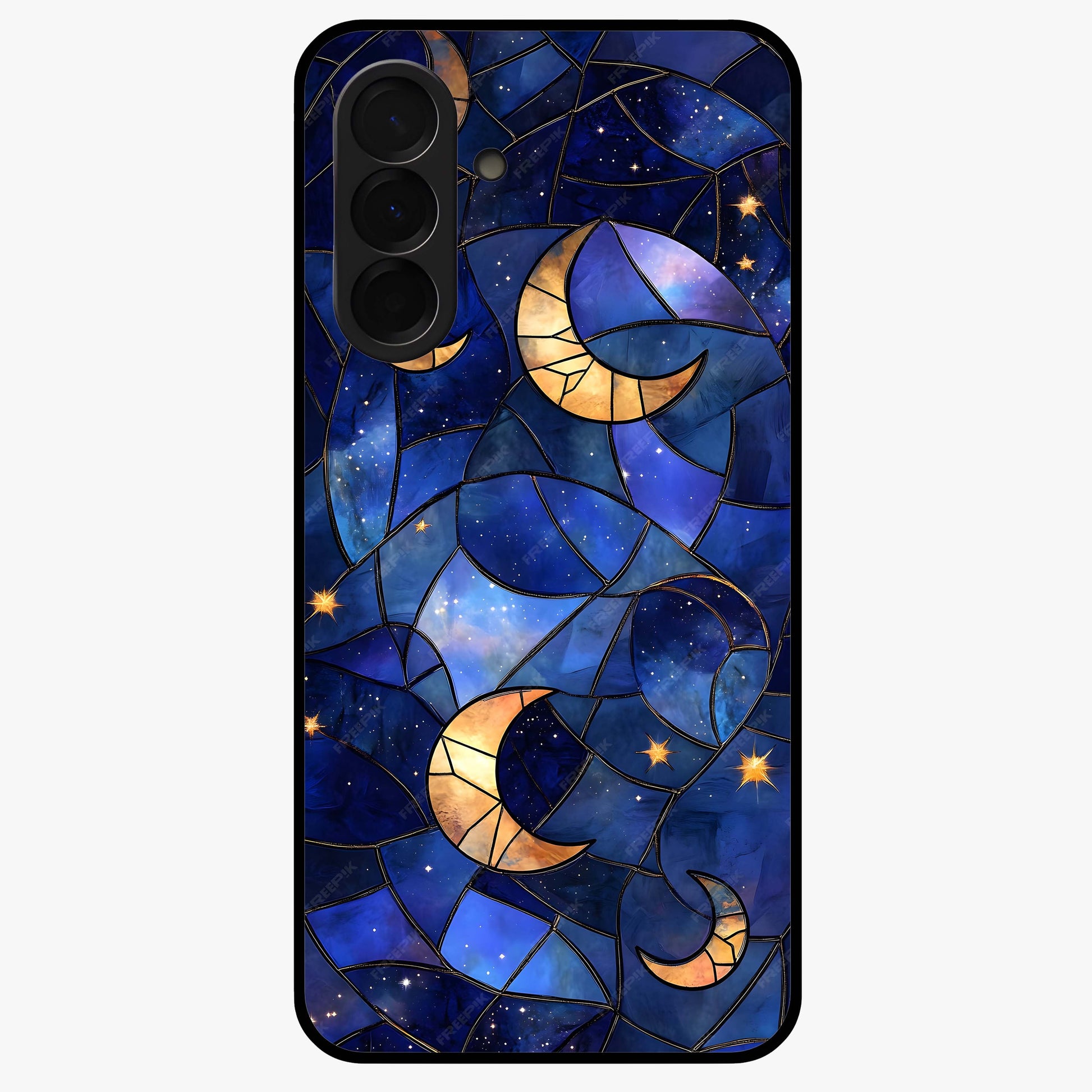 Starlit Sky Tapestry Glass Case showing flat back view with decorative starry sky tapestry artwork and glossy glass finish.