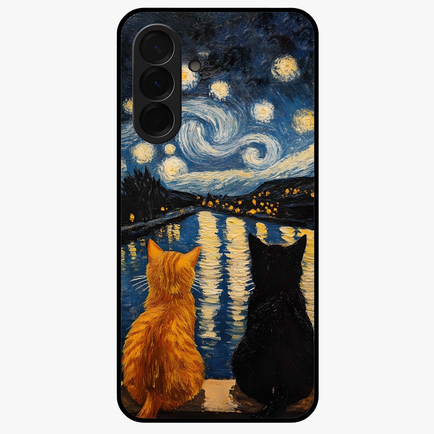 Starry River Cats Glass Case showing flat back view with cats by a starry river artwork and glossy glass finish.