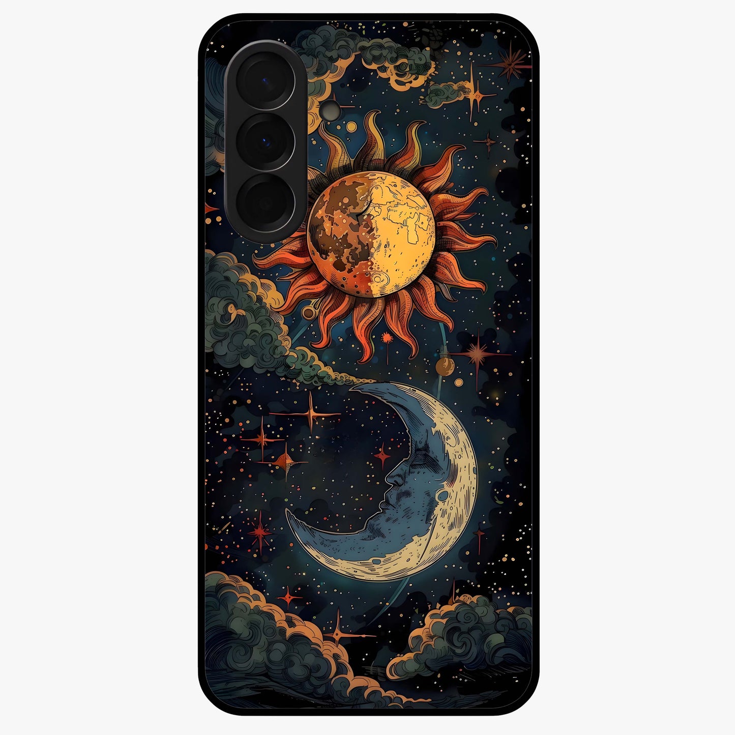 Sun And Moon Magic Design Glass Case showing flat back view with mystical sun and moon artwork and glossy glass finish.
