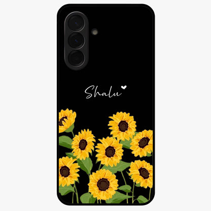 Sunflower Chic Mood Custom Name Glass Case showing flat back view with stylish sunflower artwork and personalized name design.