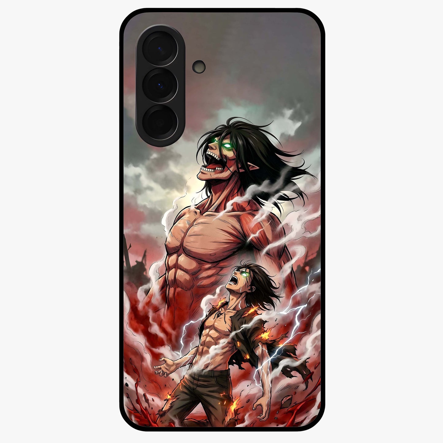 Titan Awakening Fury Glass Case showing flat back view with powerful titan inspired artwork and glossy glass finish.