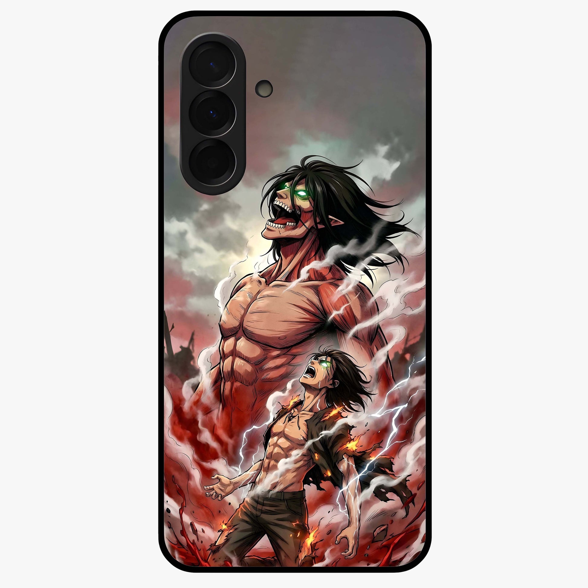 Titan Awakening Fury Glass Case showing flat back view with powerful titan inspired artwork and glossy glass finish.