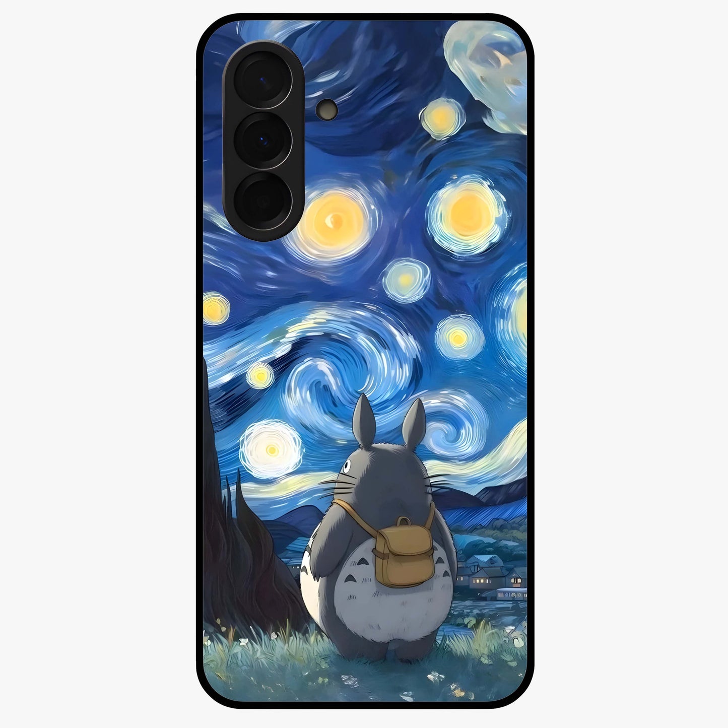 Totoro In Van Gogh Art Glass Case showing flat back view with whimsical character artwork inspired by Van Gogh style and glossy glass finish.