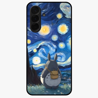 Totoro In Van Gogh Art Glass Case showing flat back view with whimsical character artwork inspired by Van Gogh style and glossy glass finish.