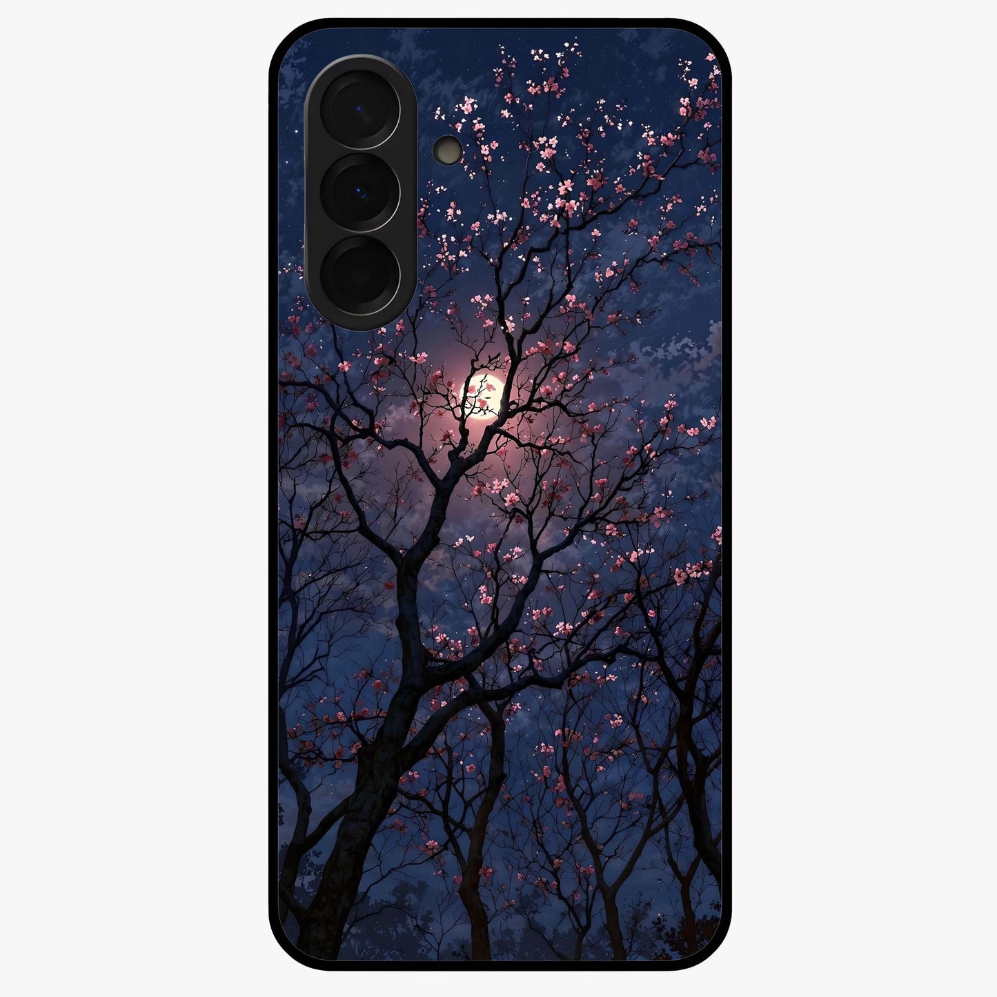 Twilight Sakura Serenade Glass Case showing flat back view with cherry blossom artwork at twilight and glossy glass finish.