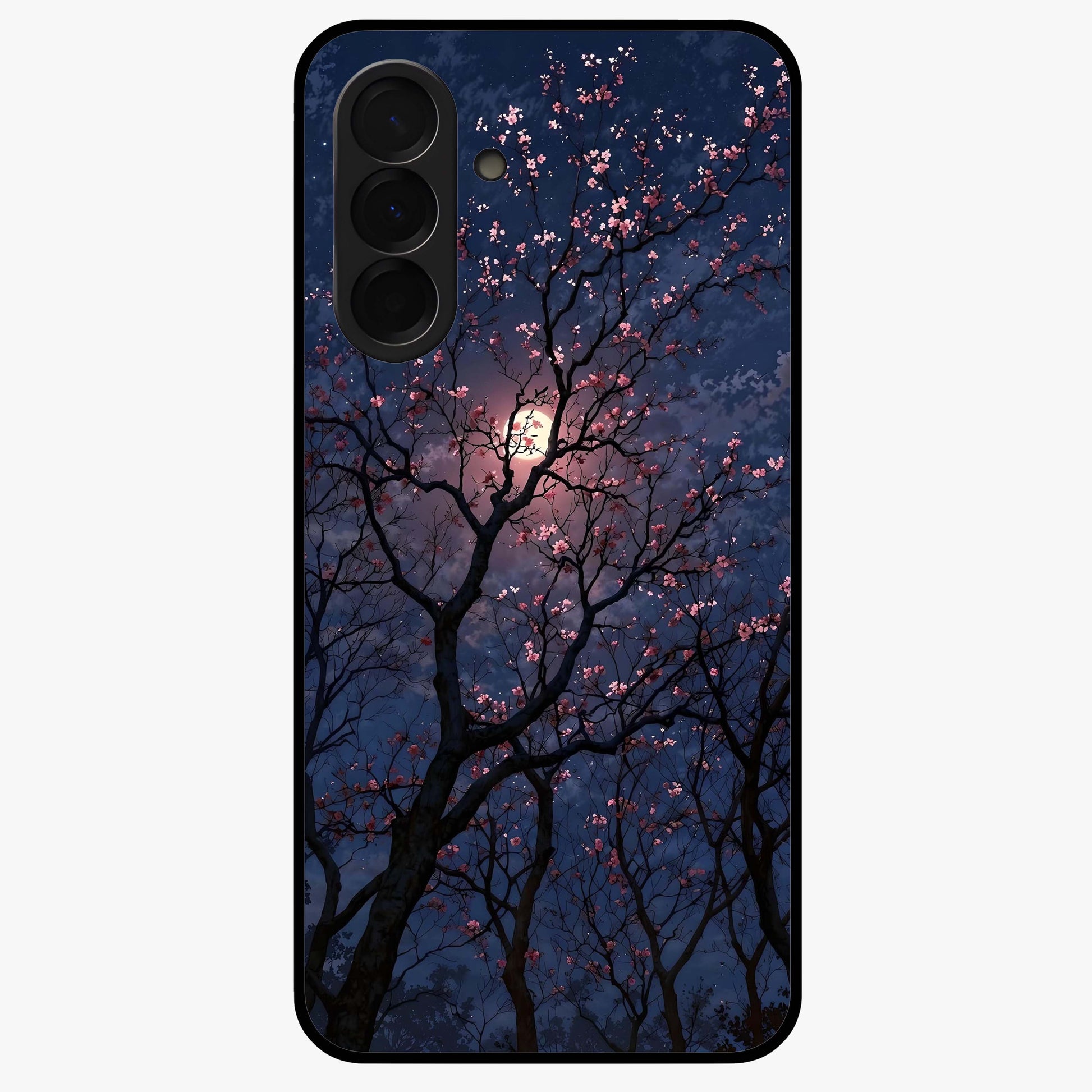 Twilight Sakura Serenade Glass Case showing flat back view with cherry blossom artwork at twilight and glossy glass finish.