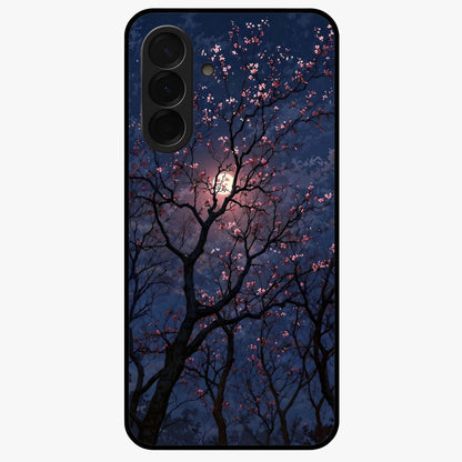 Twilight Sakura Serenade Glass Case showing flat back view with cherry blossom artwork at twilight and glossy glass finish.