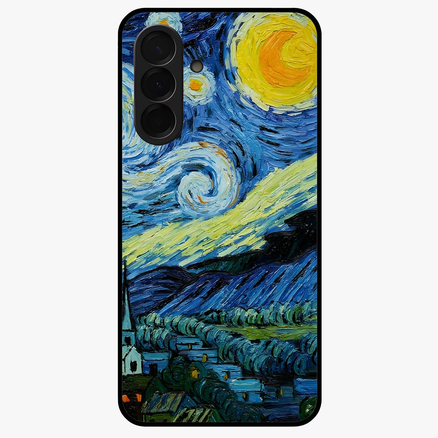 Van Gogh Art Glass Case showing flat back view with classic painterly artwork inspired by Van Gogh style and glossy glass finish.