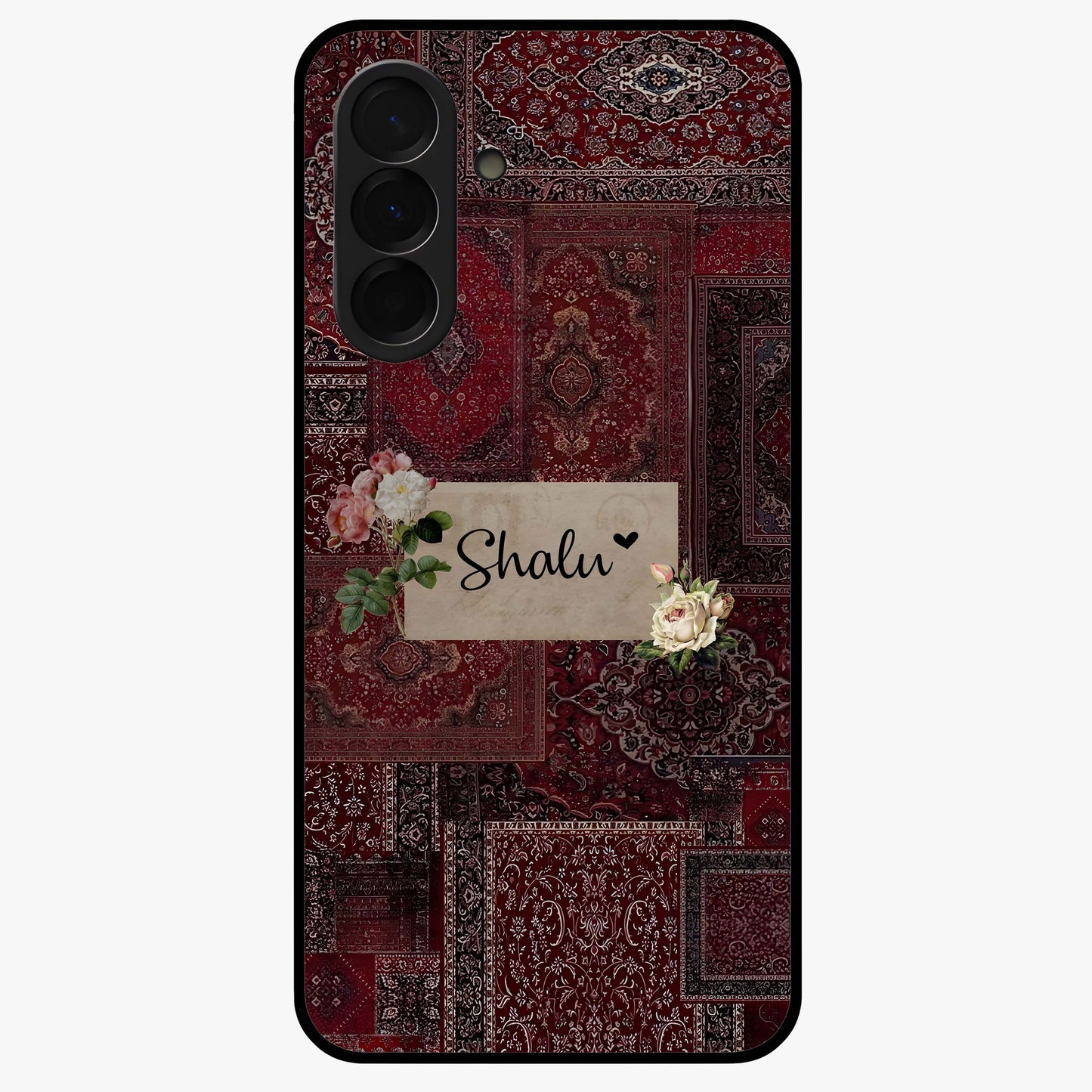 Velvet Wine Pattern Custom Name Glass Case showing flat back view with elegant wine colored pattern artwork and personalized name design.