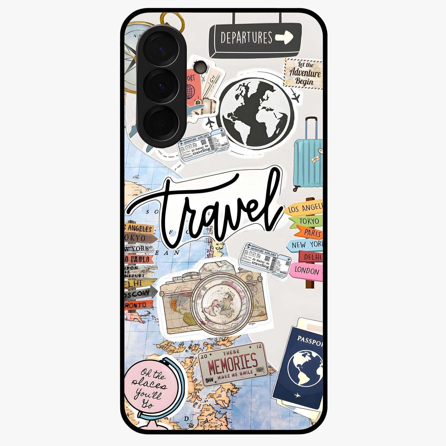 Wanderlust Journal Glass Case showing flat back view with travel inspired artwork and glossy glass finish.