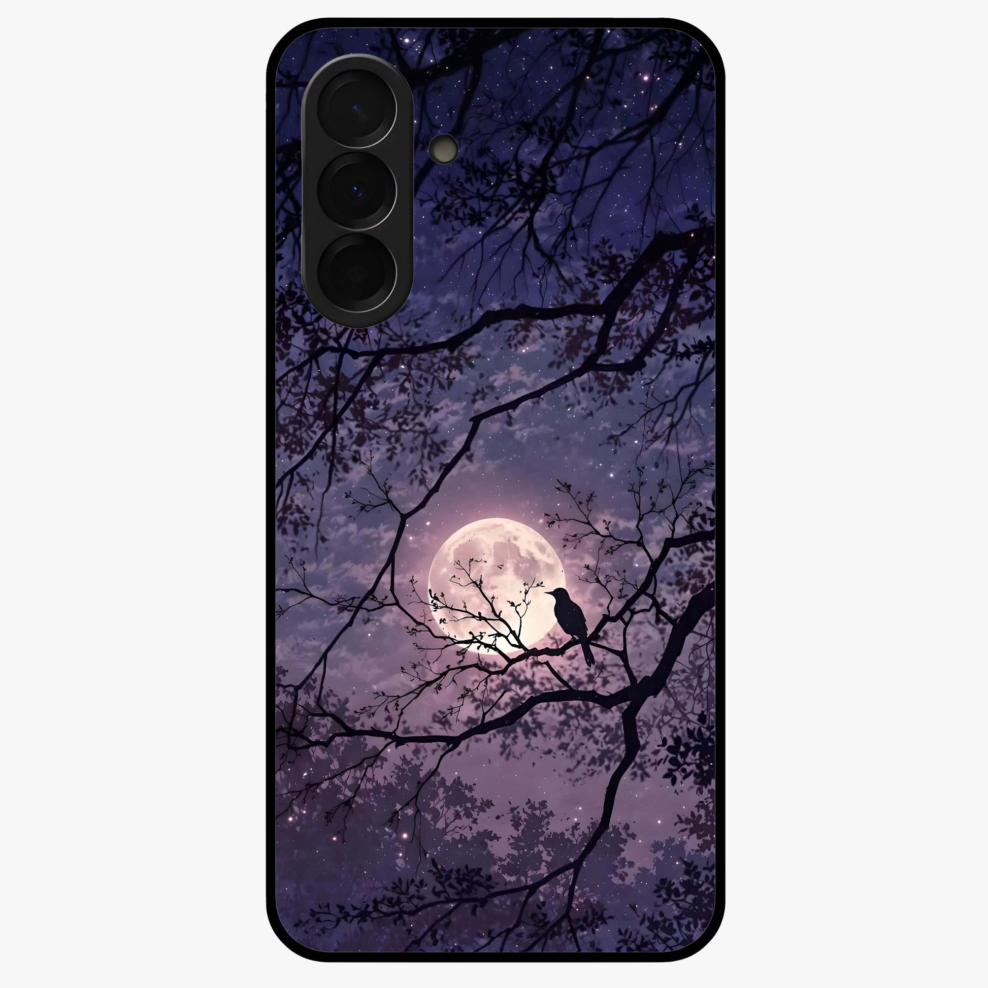 Whispering Moon Silence Glass Case showing flat back view with serene moon themed artwork and glossy glass finish.