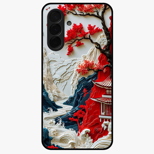 Whispers Of Sakura Waves Glass Case showing flat back view with cherry blossom wave artwork and glossy glass finish.