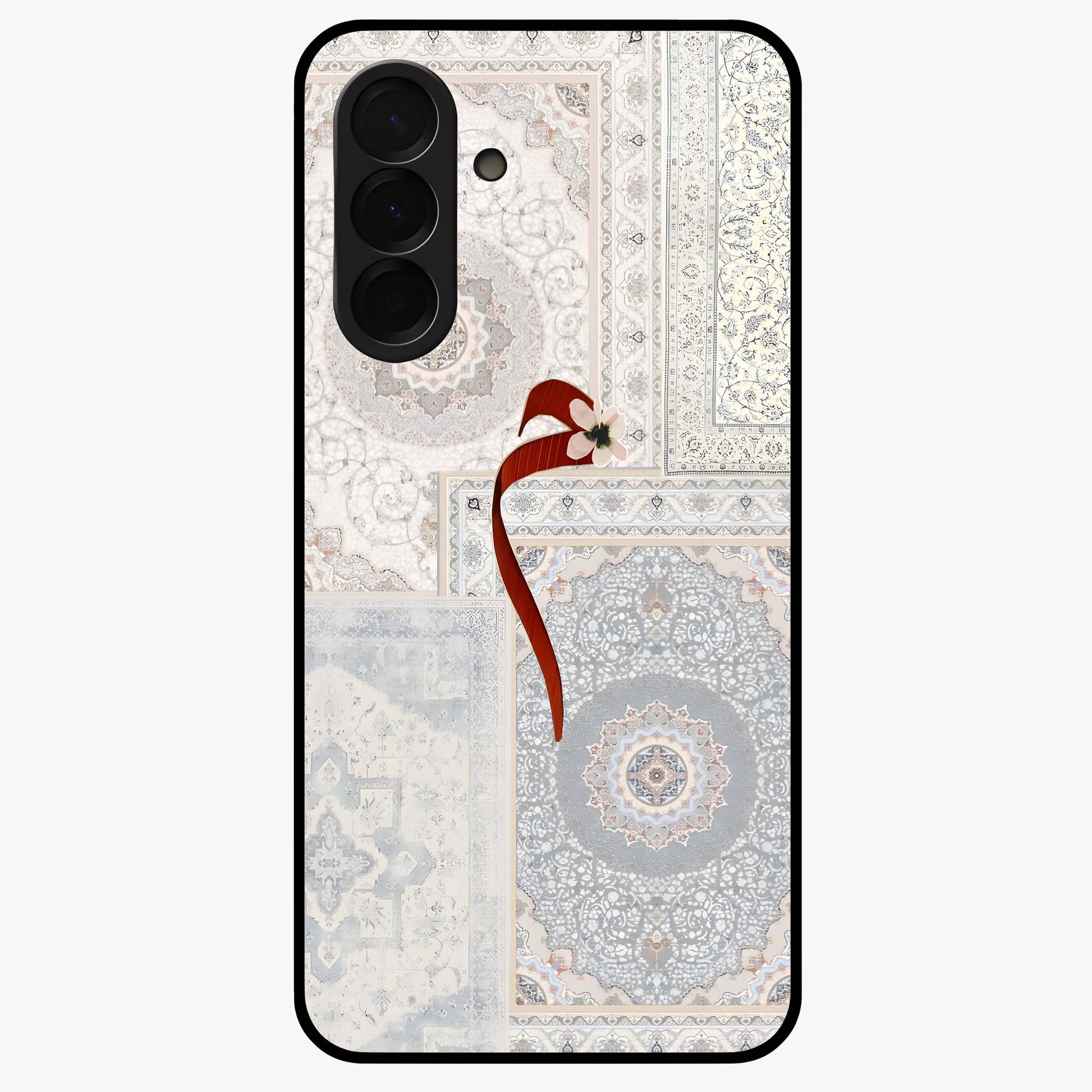 White Aesthetic Bow Glass Case showing flat back view with minimal bow artwork and glossy glass finish.