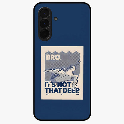 Worry Less Swim Glass Case showing flat back view with playful motivational artwork and glossy glass finish.