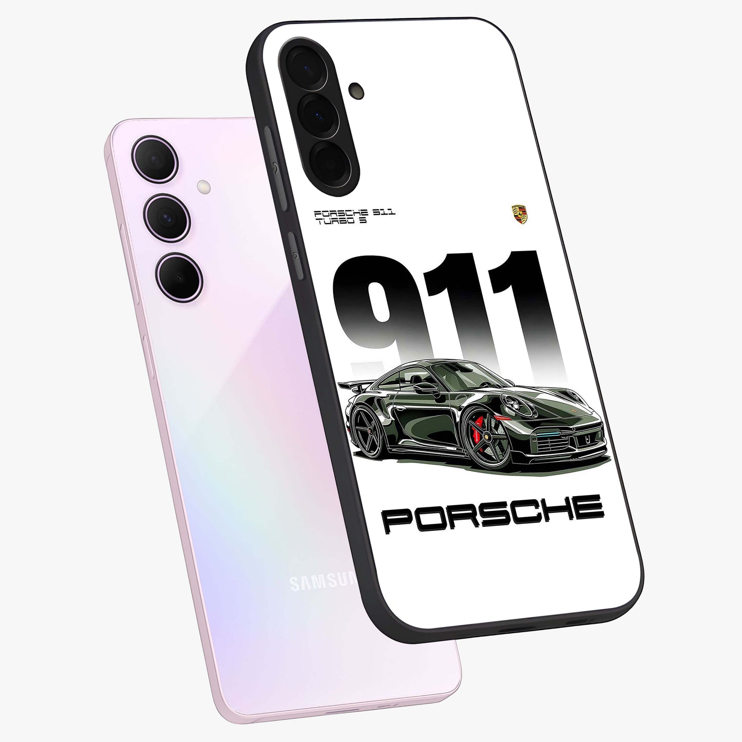 911 Turbo Dominance Glass Case displayed in premium angled mockup highlighting sporty car illustration and sleek glass surface.