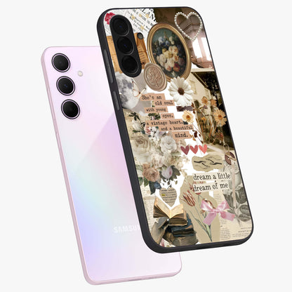 Aesthetic Brown Vintage Collage Glass Case displayed in angled mockup highlighting vintage aesthetic collage design.