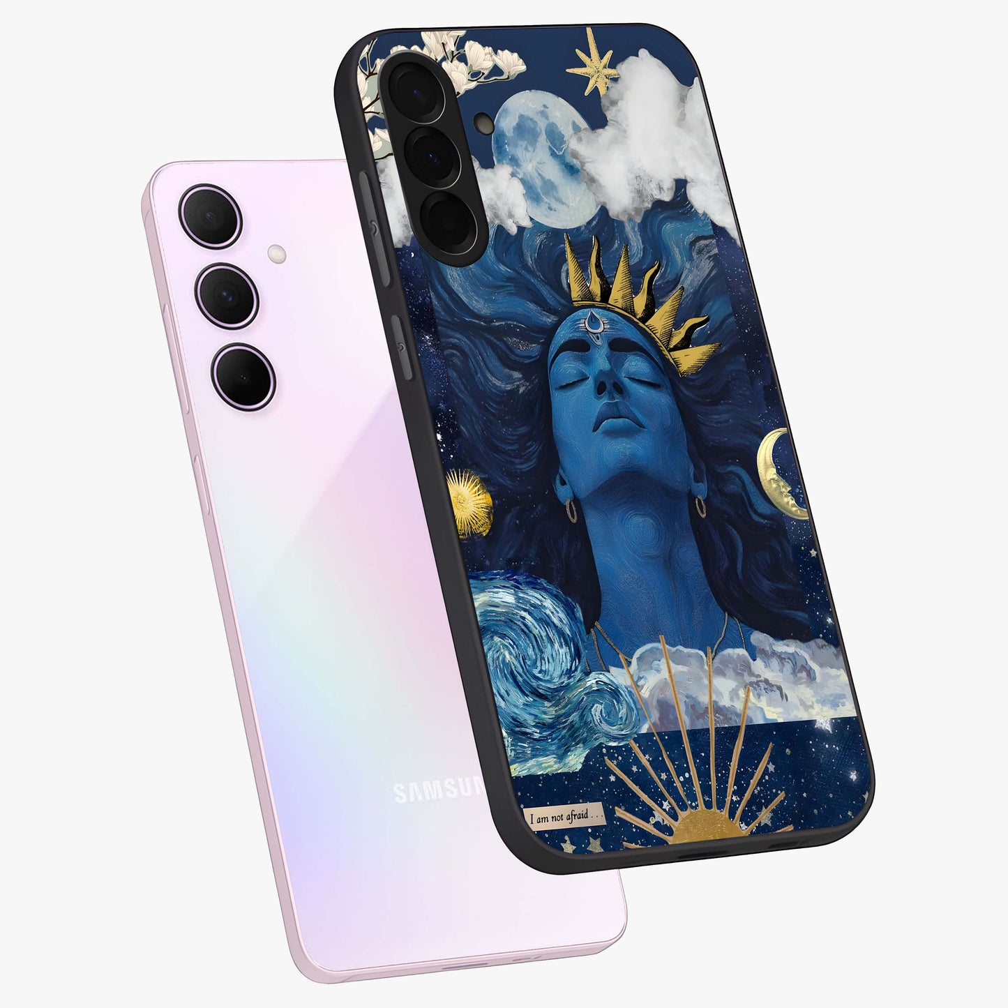 Aesthetic Lord Shiva Glass Case displayed in angled mockup highlighting spiritual Shiva illustration and sacred aesthetic design.