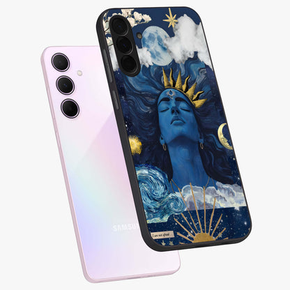 Aesthetic Lord Shiva Glass Case displayed in angled mockup highlighting spiritual Shiva illustration and sacred aesthetic design.