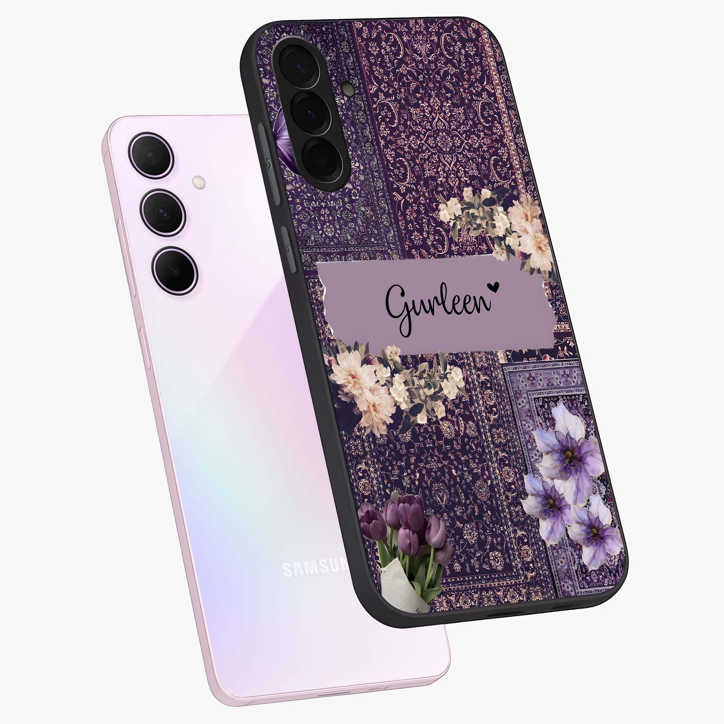 Antique Floral Whisper Custom Name Glass Case displayed in angled mockup highlighting elegant antique floral aesthetic.