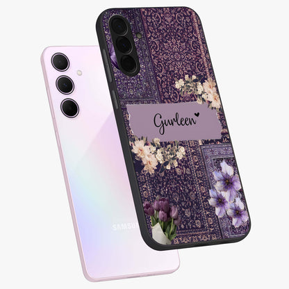 Antique Floral Whisper Custom Name Glass Case displayed in angled mockup highlighting elegant antique floral aesthetic.