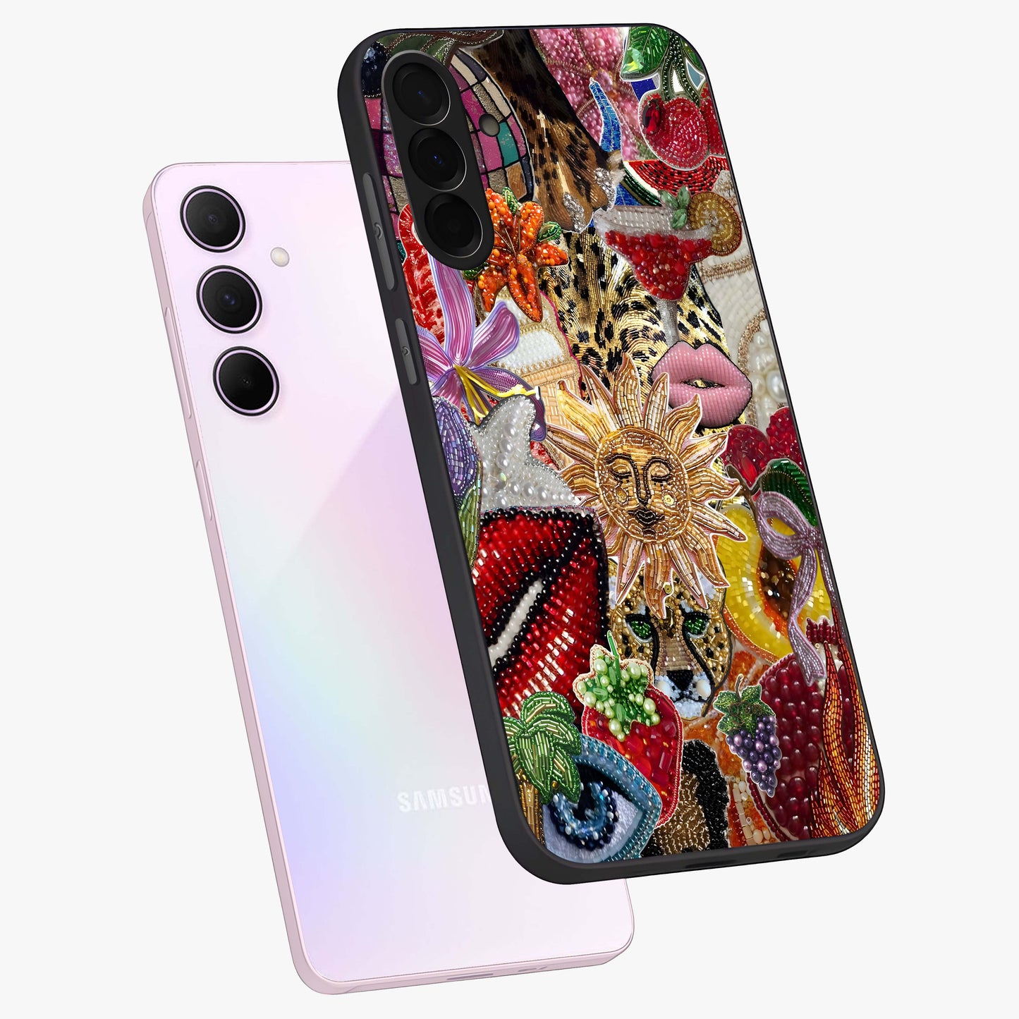 Beaded Fashion Jungle Glass Case displayed in angled mockup highlighting colorful fashion bead design and artistic pattern.