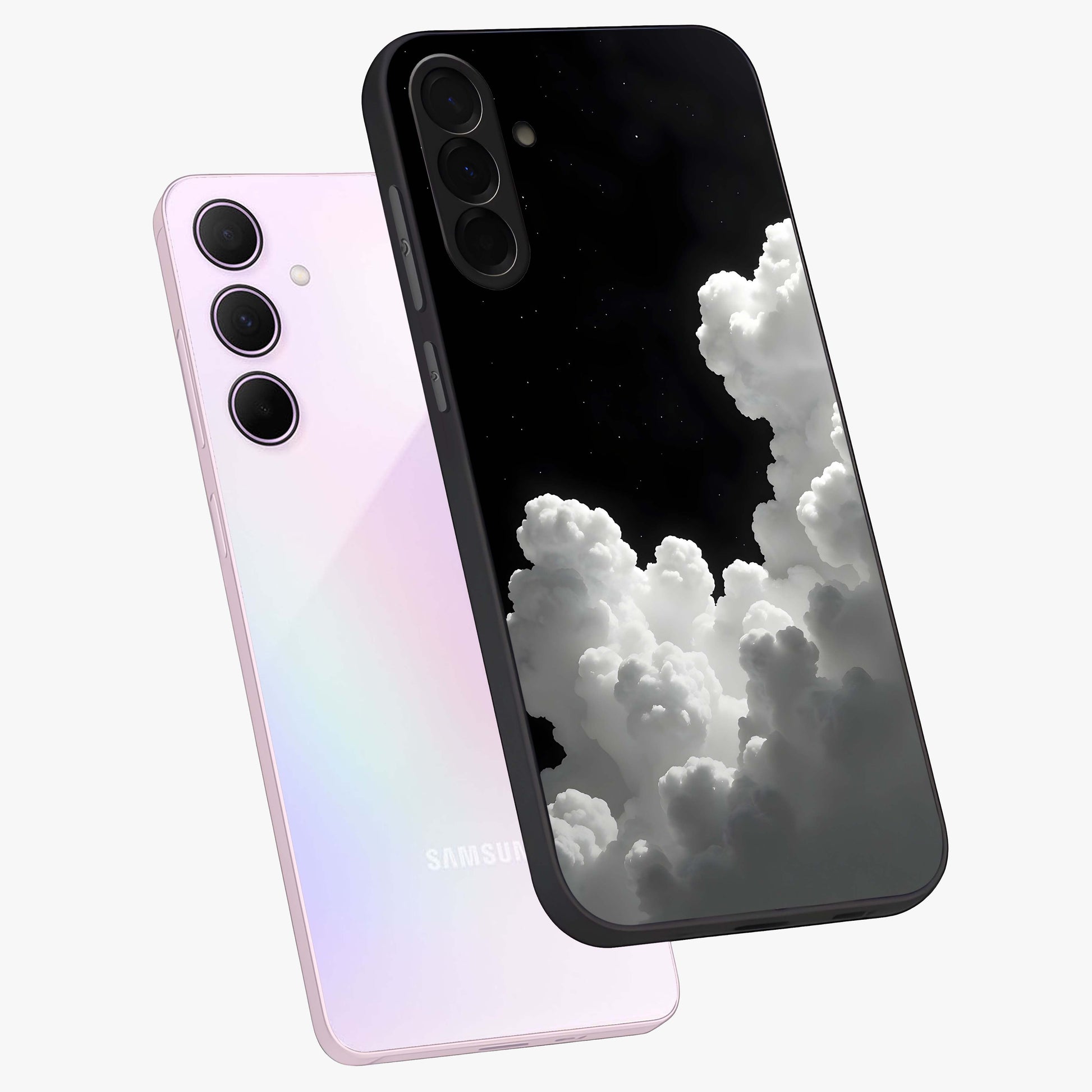 Black Background With White Cloud Glass Case displayed in angled mockup highlighting soft white cloud illustration and minimal design.